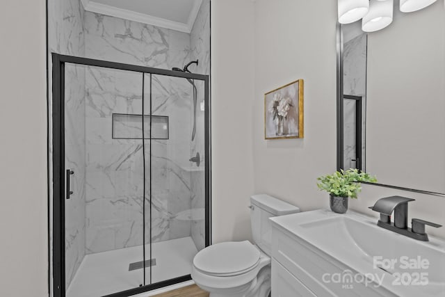 7213 Baniff Cir, Charlotte, NC 28277 - bathroom with vanity, a marble finish shower, and ornamental molding
