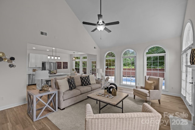 7213 Baniff Cir, Charlotte, NC 28277 - living area with ceiling fan, high vaulted ceiling, light wood-style flooring, and plenty of natural light