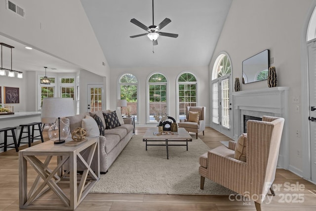 7213 Baniff Cir, Charlotte, NC 28277 - living area featuring high vaulted ceiling, a ceiling fan, a fireplace, and wood finished floors