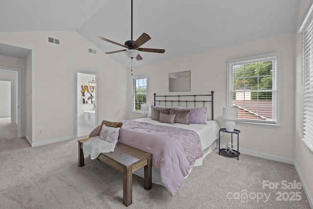 7213 Baniff Cir, Charlotte, NC 28277 - carpeted bedroom featuring lofted ceiling, ensuite bathroom, and a ceiling fan