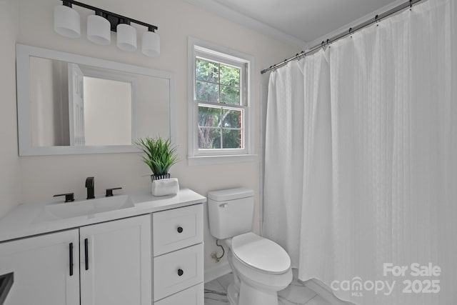 7213 Baniff Cir, Charlotte, NC 28277 - bathroom with vanity, marble finish floors, ornamental molding, and a shower with shower curtain