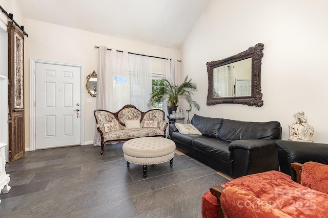 6103 Warrior Ave, Fort Mill, SC 29707 - living area with a barn door and high vaulted ceiling