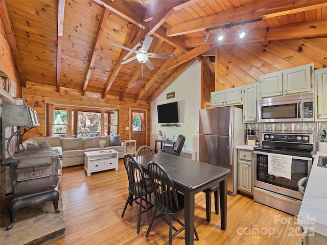 367 Robinson Rd, Clyde, NC 28721 - kitchen with appliances with stainless steel finishes, wooden ceiling, wooden walls, light wood-type flooring, and tasteful backsplash