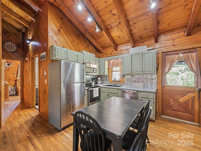 367 Robinson Rd, Clyde, NC 28721 - kitchen with appliances with stainless steel finishes, rail lighting, wood ceiling, green cabinets, and light wood-style floors