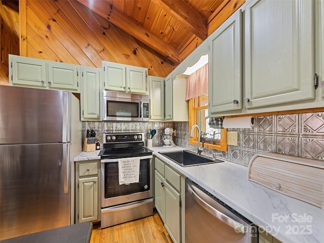 367 Robinson Rd, Clyde, NC 28721 - kitchen featuring appliances with stainless steel finishes, green cabinets, wooden ceiling, light countertops, and decorative backsplash