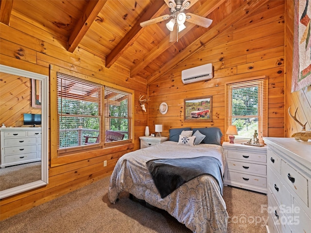 367 Robinson Rd, Clyde, NC 28721 - carpeted bedroom featuring an AC wall unit, wooden walls, wooden ceiling, and ceiling fan