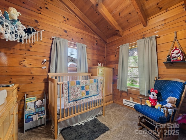 367 Robinson Rd, Clyde, NC 28721 - carpeted bedroom featuring multiple windows, wooden walls, and wood ceiling