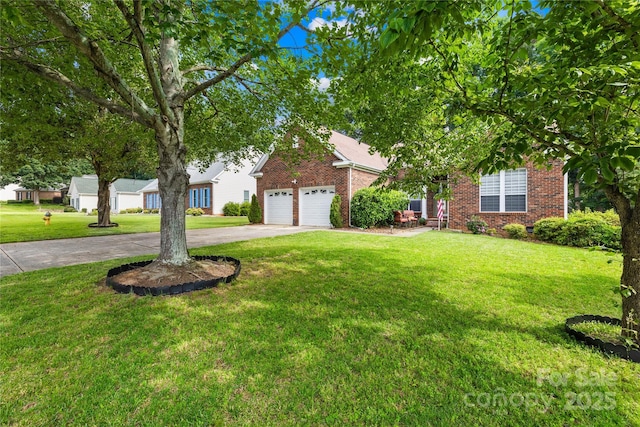 256 Rose St, Mooresville, NC 28117 - obstructed view of property featuring brick siding, concrete driveway, a front yard, and an attached garage