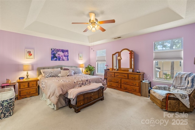 256 Rose St, Mooresville, NC 28117 - carpeted bedroom featuring a tray ceiling, multiple windows, and a ceiling fan