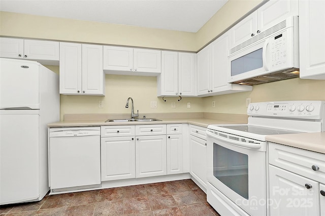 4263 Melrose Club Dr, Matthews, NC 28105 - kitchen with white appliances, white cabinets, light countertops, and stone finish flooring