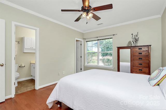 4263 Melrose Club Dr, Matthews, NC 28105 - bedroom featuring wood finished floors, ornamental molding, ensuite bath, and a ceiling fan