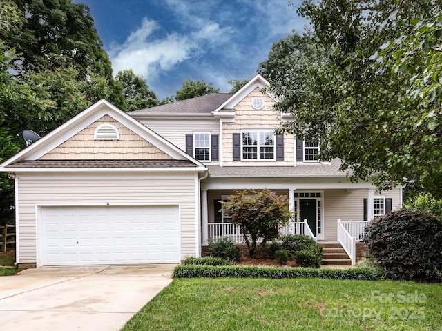 1423 Piper Ct, Concord, NC 28025 - view of front of house with driveway, an attached garage, a porch, a shingled roof, and a front lawn