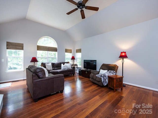 1423 Piper Ct, Concord, NC 28025 - living area with lofted ceiling, a ceiling fan, and hardwood / wood-style floors