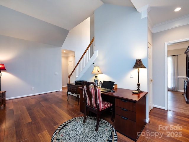 1423 Piper Ct, Concord, NC 28025 - office featuring wood finished floors, recessed lighting, ornamental molding, and high vaulted ceiling