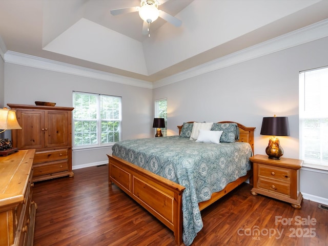 1423 Piper Ct, Concord, NC 28025 - bedroom featuring dark wood finished floors, a raised ceiling, ornamental molding, and ceiling fan