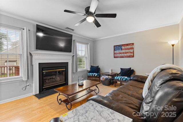 9637 Brookmere Ln, Charlotte, NC 28214 - living room featuring ornamental molding, a ceiling fan, wood finished floors, baseboards, and a glass covered fireplace