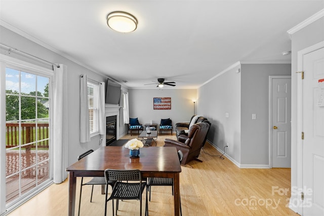 9637 Brookmere Ln, Charlotte, NC 28214 - dining space with crown molding, light wood-style floors, a ceiling fan, a glass covered fireplace, and baseboards