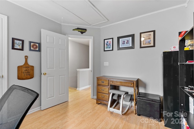 9637 Brookmere Ln, Charlotte, NC 28214 - office featuring attic access, wood finished floors, ornamental molding, and baseboards