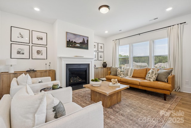 12001 Sam Snead Ct, Lancaster, SC 29720 - living area with wood finished floors, recessed lighting, and a fireplace with flush hearth