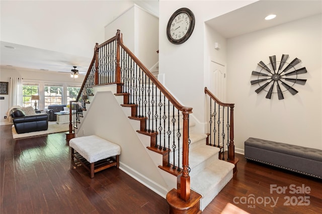 2504 River Oaks Dr, Waxhaw, NC 28173 - stairs with hardwood / wood-style flooring, recessed lighting, and a ceiling fan