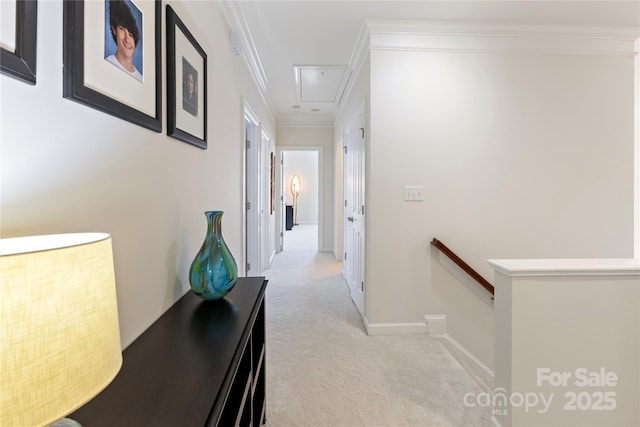 2504 River Oaks Dr, Waxhaw, NC 28173 - hall featuring attic access, light colored carpet, an upstairs landing, and ornamental molding