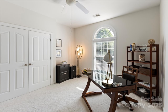 2504 River Oaks Dr, Waxhaw, NC 28173 - home office featuring light carpet and a ceiling fan