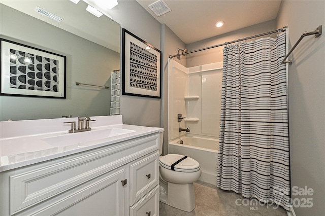 124 Kristin View Ln Unit Townhome A, Troutman, NC 28166 - bathroom featuring vanity, shower / bathtub combination with curtain, tile patterned floors, and recessed lighting