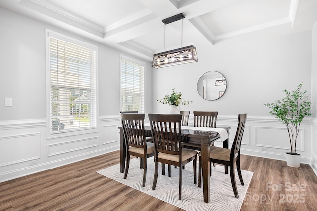 3038 Burnello Ct, Iron Station, NC 28080 - dining space with a wainscoted wall, a chandelier, wood finished floors, beamed ceiling, and ornamental molding