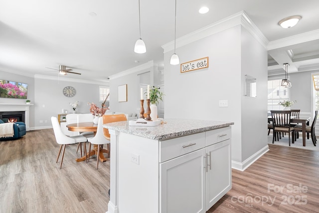 3038 Burnello Ct, Iron Station, NC 28080 - kitchen with open floor plan, light wood-type flooring, ceiling fan, a lit fireplace, and crown molding