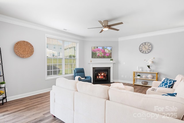 3038 Burnello Ct, Iron Station, NC 28080 - living room with a ceiling fan, crown molding, wood finished floors, and a fireplace with flush hearth