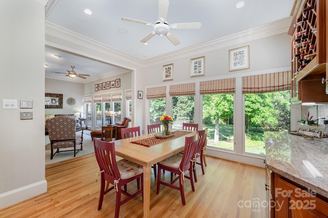 408 Johnsfield Rd, Shelby, NC 28150 - dining room featuring ceiling fan, light wood-type flooring, and crown molding