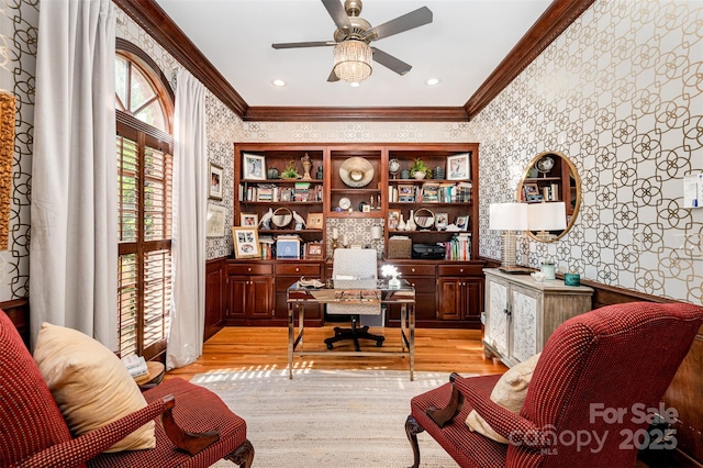 408 Johnsfield Rd, Shelby, NC 28150 - office space with wallpapered walls, crown molding, a ceiling fan, and light wood-style floors