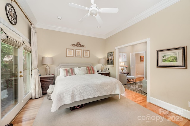 408 Johnsfield Rd, Shelby, NC 28150 - bedroom with light wood-style floors, crown molding, access to outside, and ceiling fan
