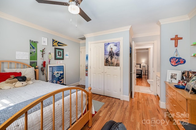 408 Johnsfield Rd, Shelby, NC 28150 - bedroom with light wood-type flooring, ornamental molding, ceiling fan, and a closet