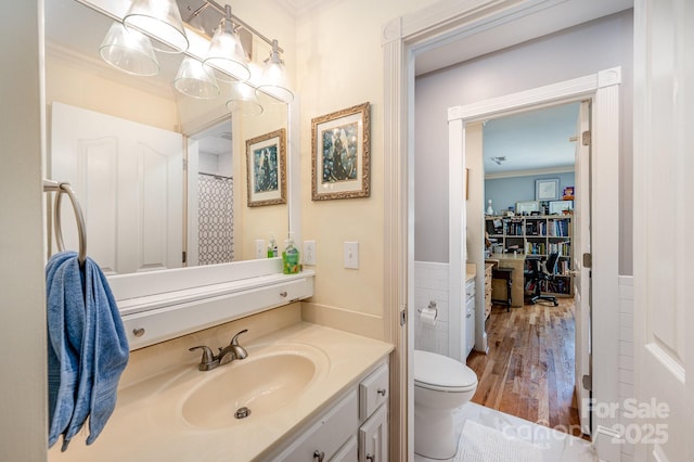 408 Johnsfield Rd, Shelby, NC 28150 - full bath with crown molding, vanity, a wainscoted wall, and wood finished floors