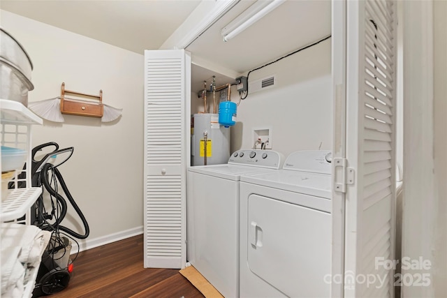261 Forest Hill Dr, Asheville, NC 28803 - laundry area with water heater, washer and dryer, and dark wood-style floors