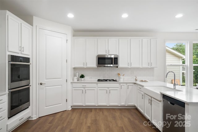 16112 Langston Dr, Charlotte, NC 28278 - kitchen featuring stainless steel appliances, white cabinetry, decorative backsplash, dark wood-style floors, and light countertops