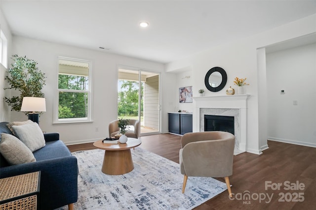 16112 Langston Dr, Charlotte, NC 28278 - living area featuring a fireplace, dark wood-style floors, and recessed lighting