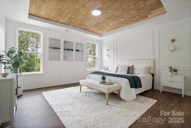 16112 Langston Dr, Charlotte, NC 28278 - bedroom with wooden ceiling, dark wood finished floors, and a tray ceiling