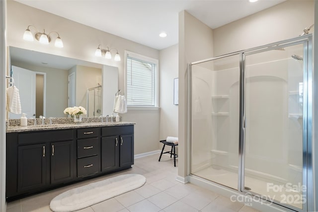 16112 Langston Dr, Charlotte, NC 28278 - full bathroom with a stall shower, double vanity, tile patterned flooring, and recessed lighting