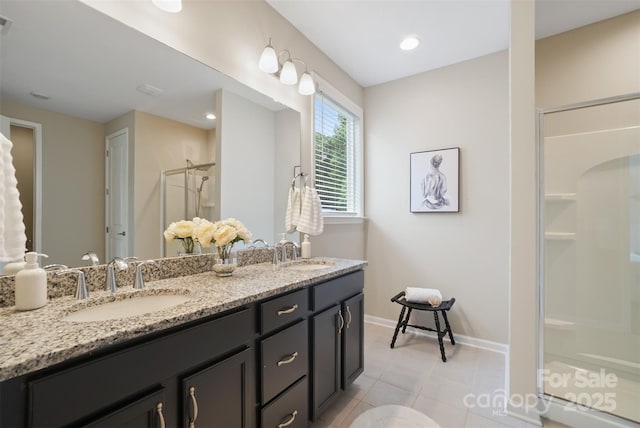 16112 Langston Dr, Charlotte, NC 28278 - bathroom with a stall shower, double vanity, and tile patterned flooring