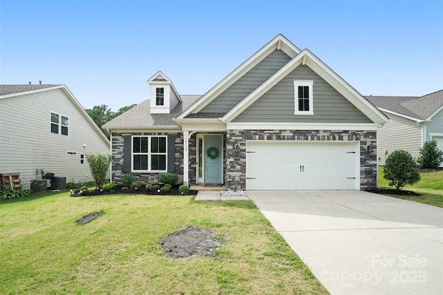 16112 Langston Dr, Charlotte, NC 28278 - craftsman house with stone siding, a front lawn, concrete driveway, and a garage
