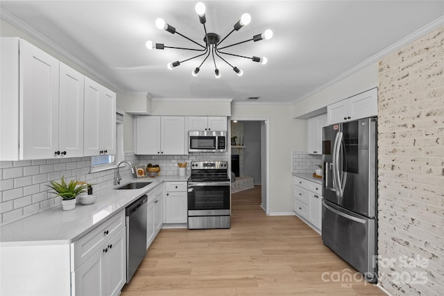 5329 Valley Forge Rd, Charlotte, NC 28210 - kitchen with appliances with stainless steel finishes, ornamental molding, tasteful backsplash, white cabinets, and light wood-style floors