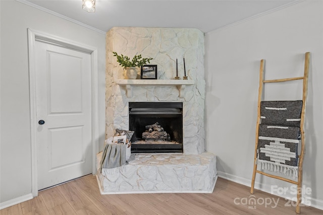 5329 Valley Forge Rd, Charlotte, NC 28210 - living room featuring a fireplace, ornamental molding, and wood finished floors