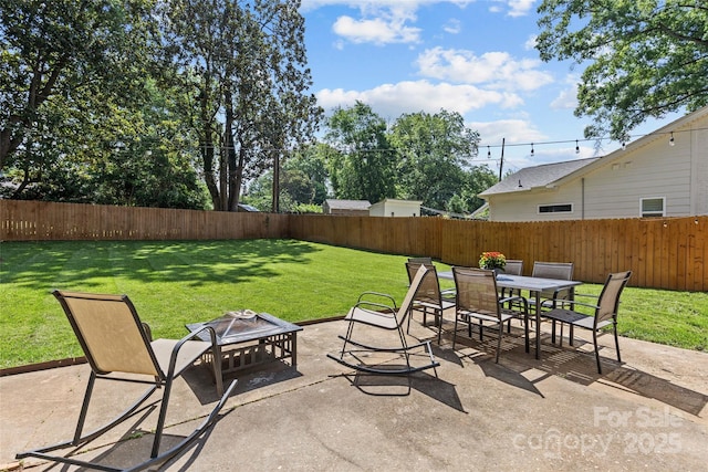5329 Valley Forge Rd, Charlotte, NC 28210 - fenced backyard featuring a fire pit, a patio area, and outdoor dining area