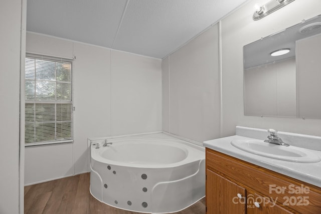 1011 Rachel Ln, Salisbury, NC 28147 - bathroom featuring vanity, a bath, wood finished floors, and ornamental molding
