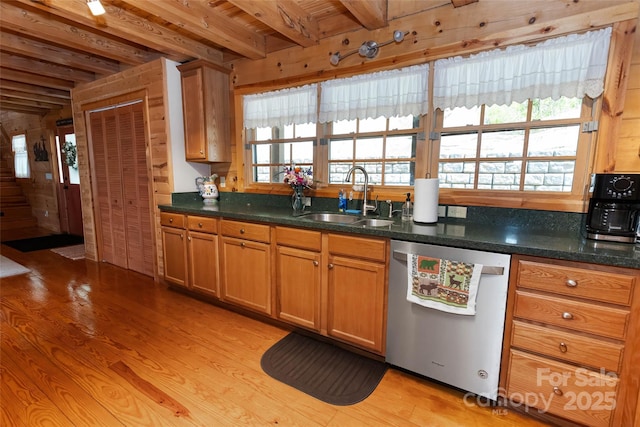 853 Granny Lewis Ln, Mars Hill, NC 28754 - kitchen featuring stainless steel dishwasher, beam ceiling, light wood-style floors, and brown cabinetry