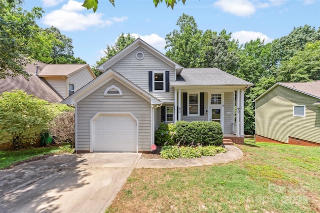 7425 Hubbard Woods Rd, Charlotte, NC 28269 - split level home with concrete driveway, a garage, covered porch, and a front lawn