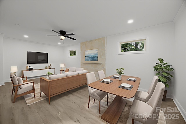 442 Lovelace Rd, Rock Hill, SC 29730 - dining area featuring ceiling fan, light wood-style flooring, healthy amount of natural light, recessed lighting, and crown molding