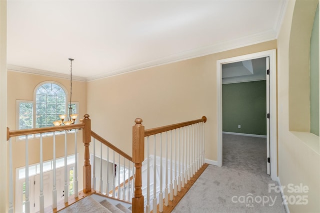 1002 Hollyhedge Ln, Indian Trail, NC 28079 - corridor with carpet flooring, an upstairs landing, crown molding, and a chandelier